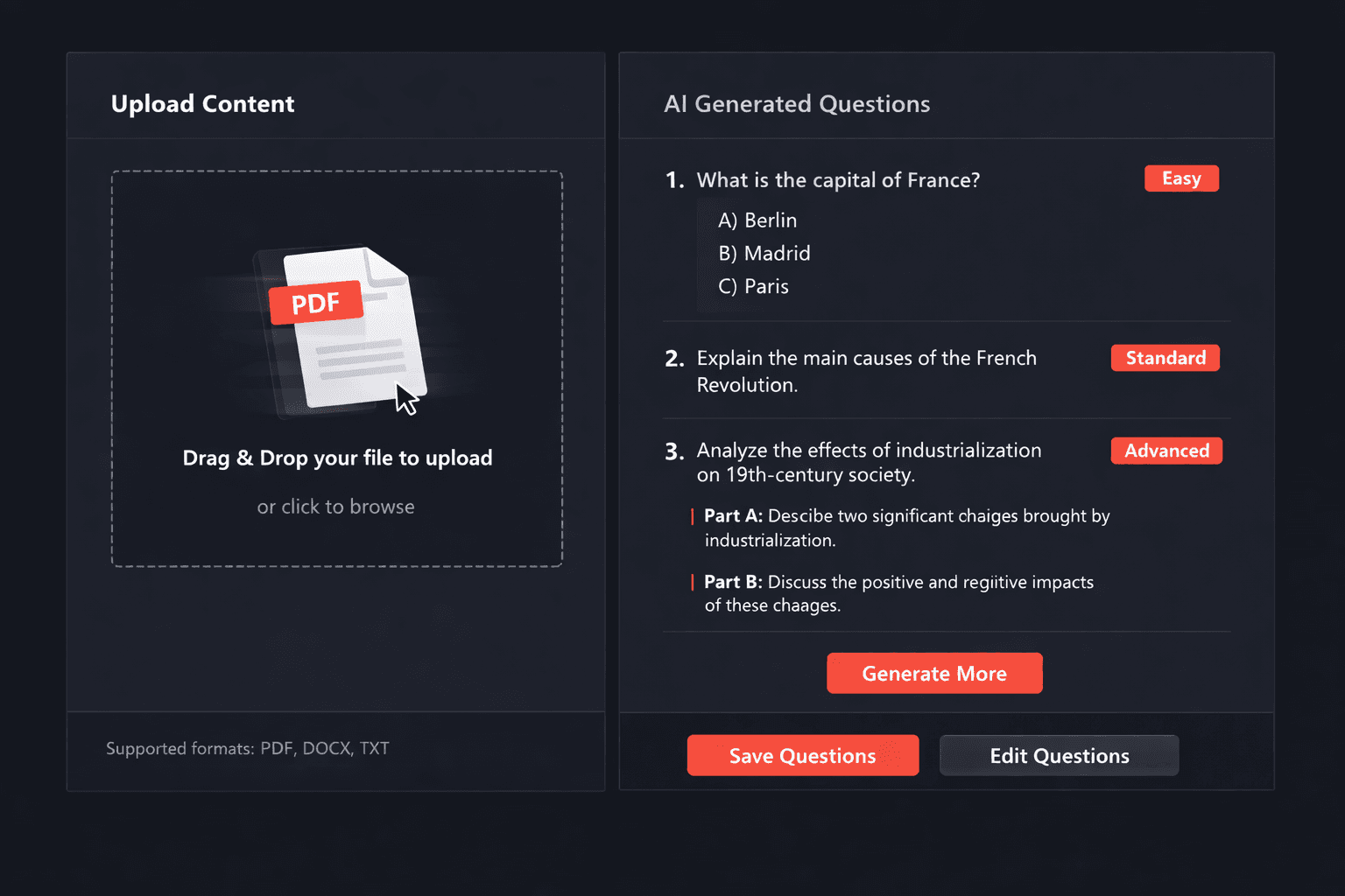 AI question generator creating MCQ and short answer questions from uploaded lesson notes