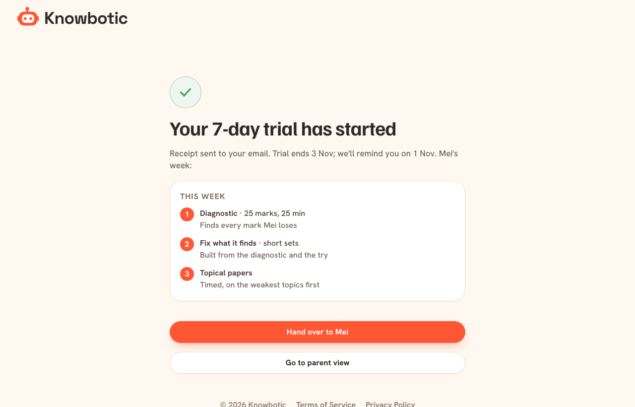 The screen right after starting the trial: receipt, trial end date, reminder date, and the plan for the first week