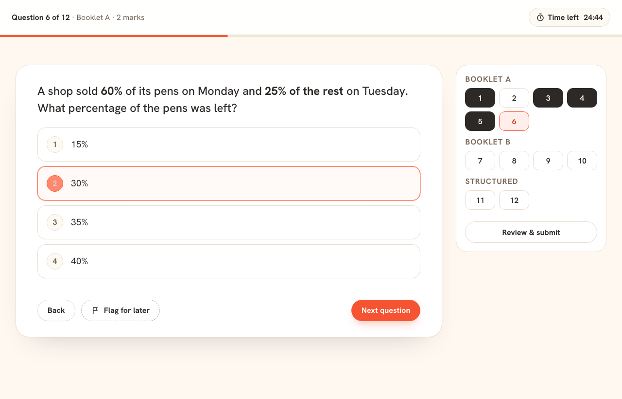 A timed paper: one question at a time, the timer at the top, booklets A and B and structured questions on the side